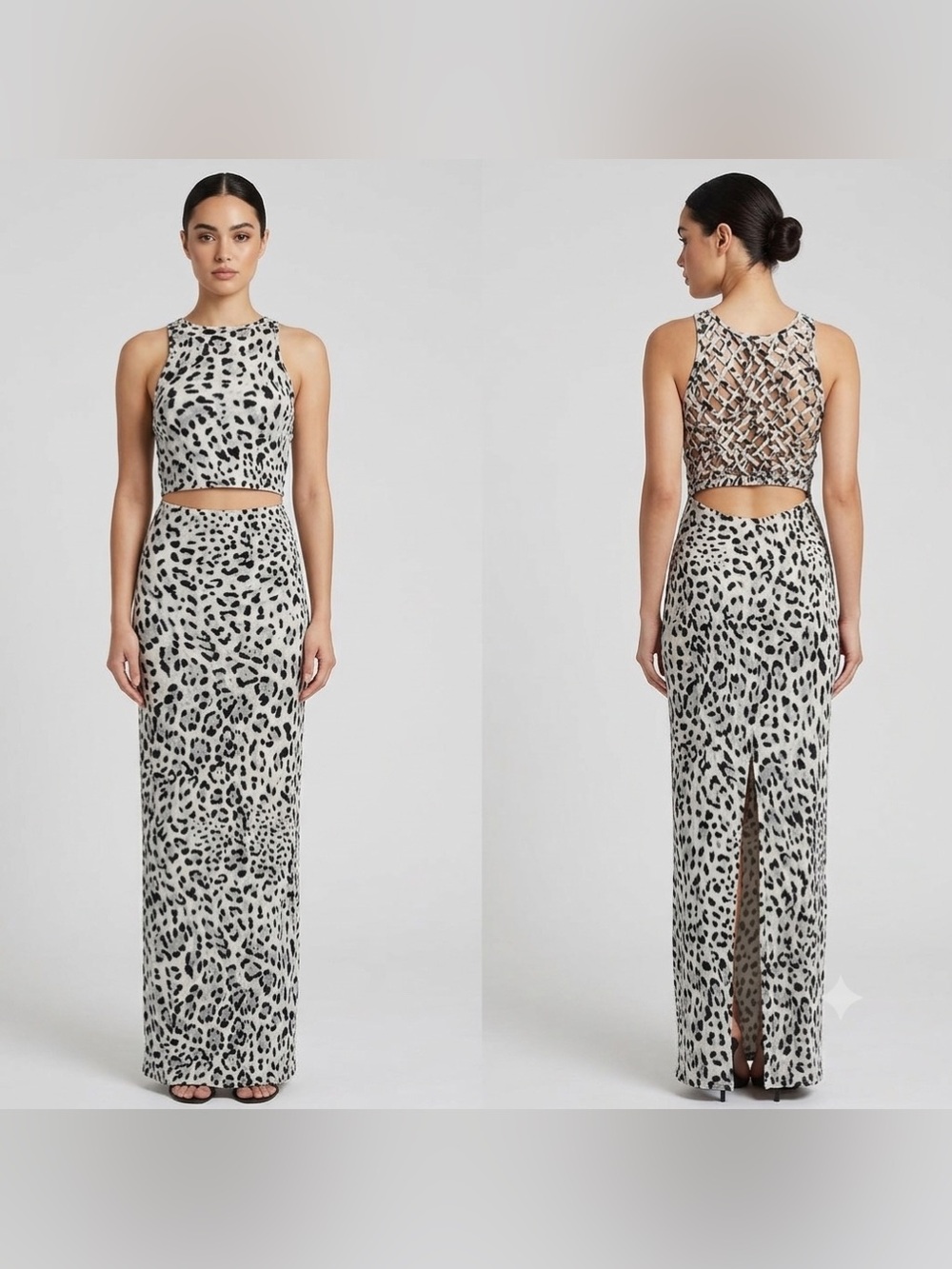 Indah Roam Leopard Cutout Maxi Dress S Open Lattice Back Bodycon Resortwear